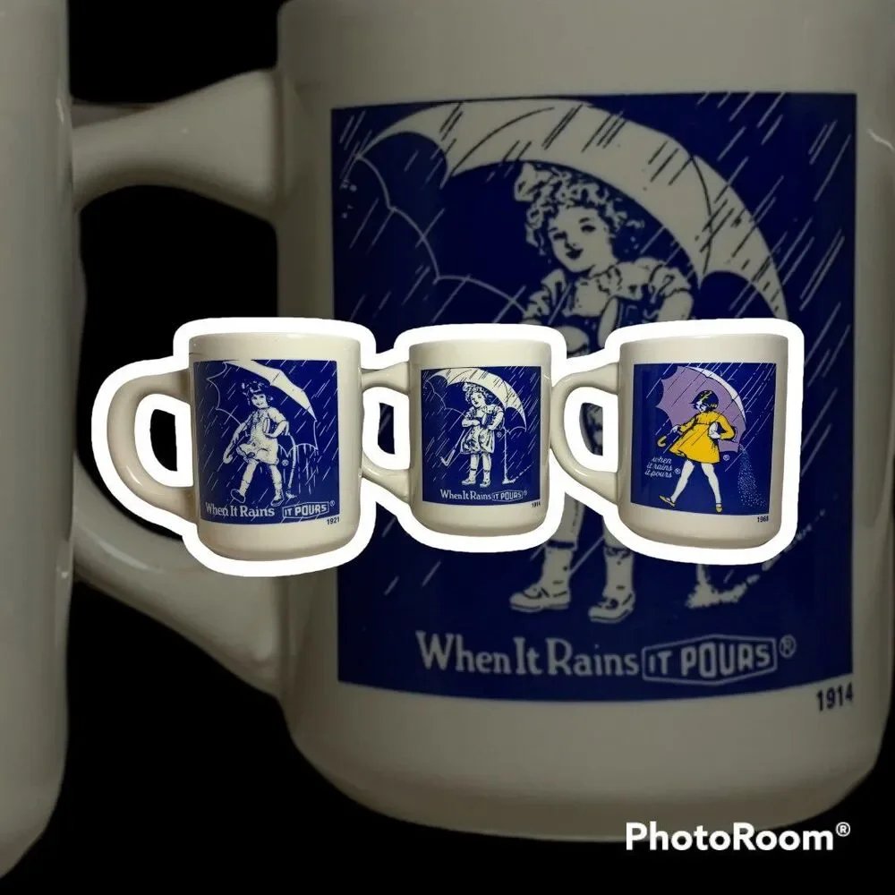 set of 3 Morton Salt Advertising Slogan Coffee Cup Mug When It Rains I